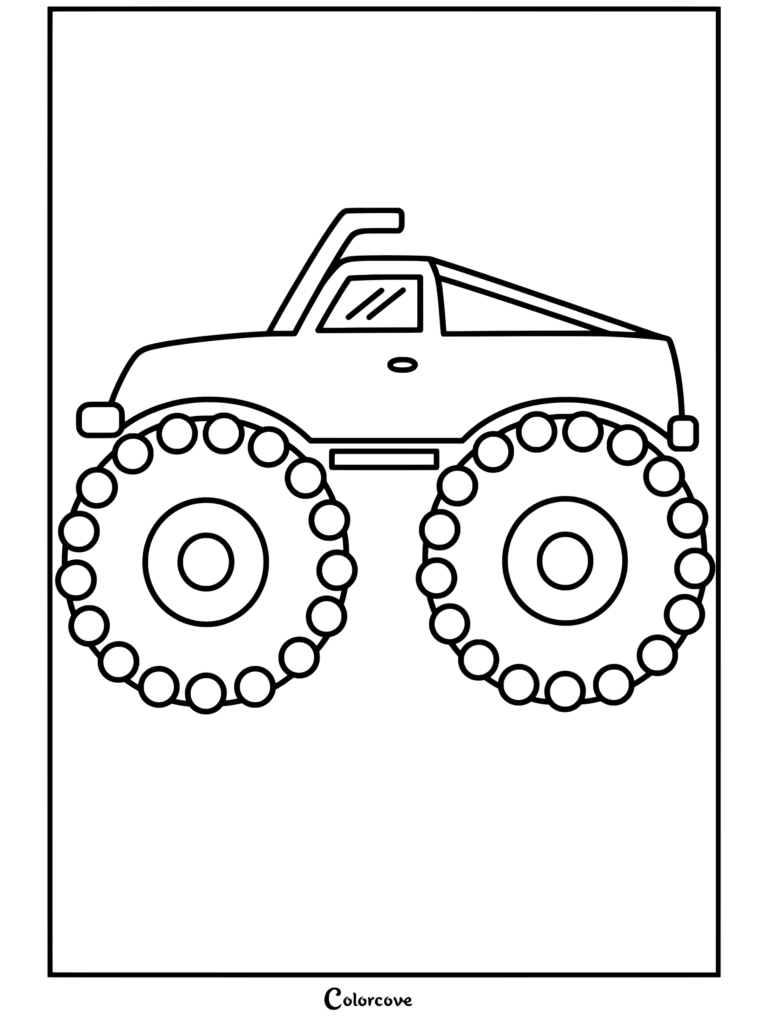 Coloriage à imprimer d'un Monster Truck rouge équipé de pneus géants à crampons bleus et d'un échappement surélevé.
