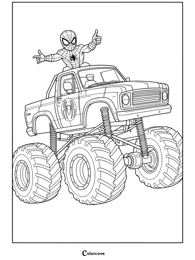 Coloriage de Spider-Man levant le pouce, debout sur le toit d'un Monster Truck rouge orné d'un logo d'araignée.