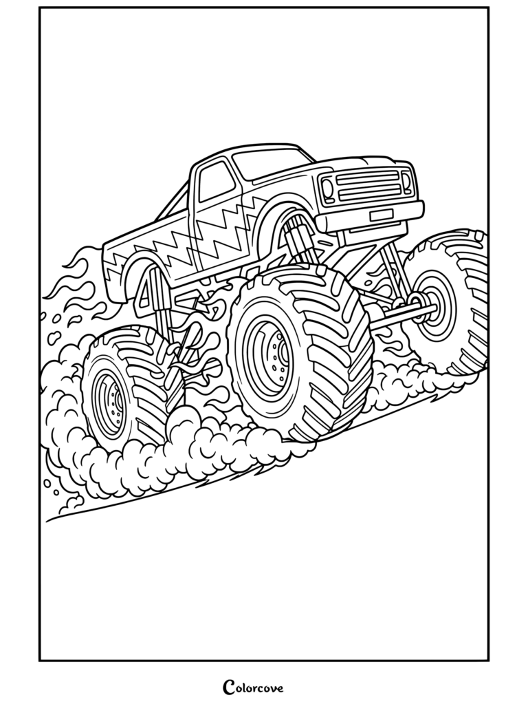 Coloriage à imprimer représentant un Monster Truck vert stylisé bondissant au milieu des flammes et de la terre.