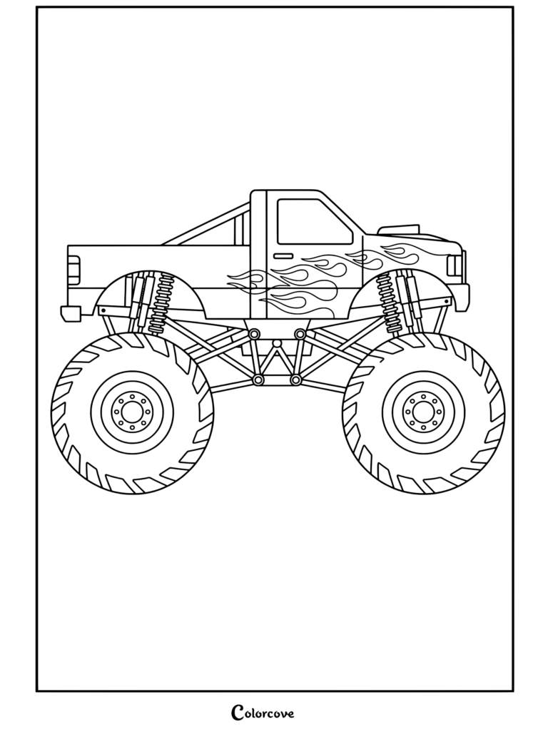 Coloriage à imprimer montrant le profil d'un Monster Truck bleu décoré de flammes jaunes sur des roues géantes.