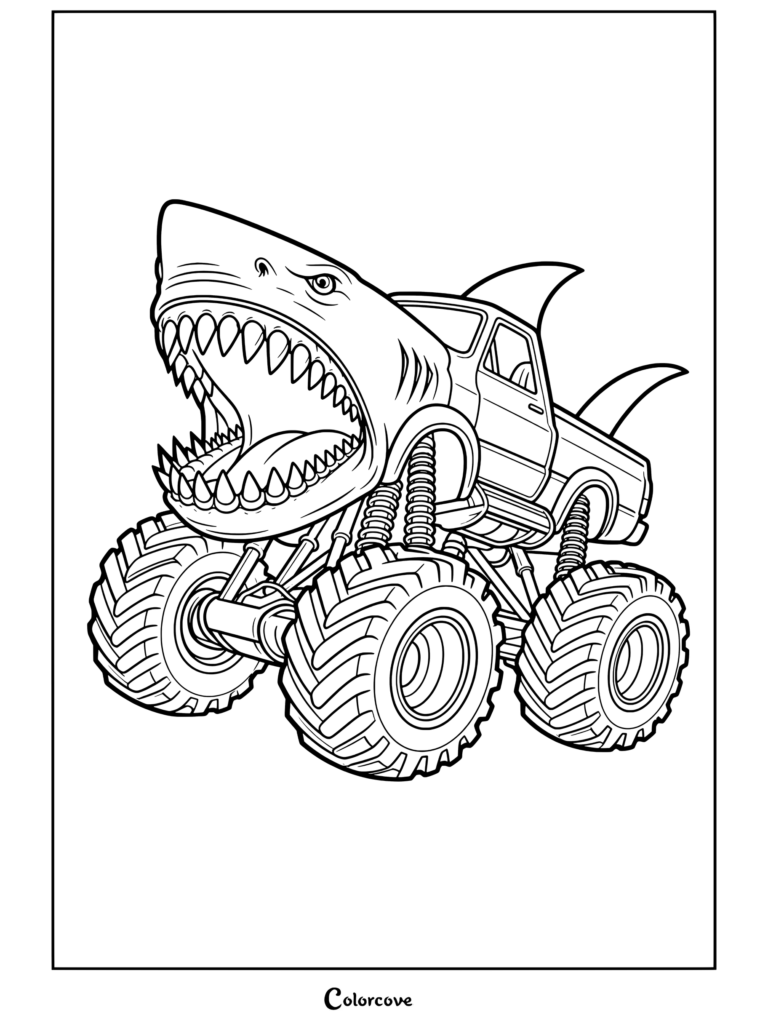 Coloriage d'un Monster Truck requin bleu aux mâchoires béantes et aux pneus géants.