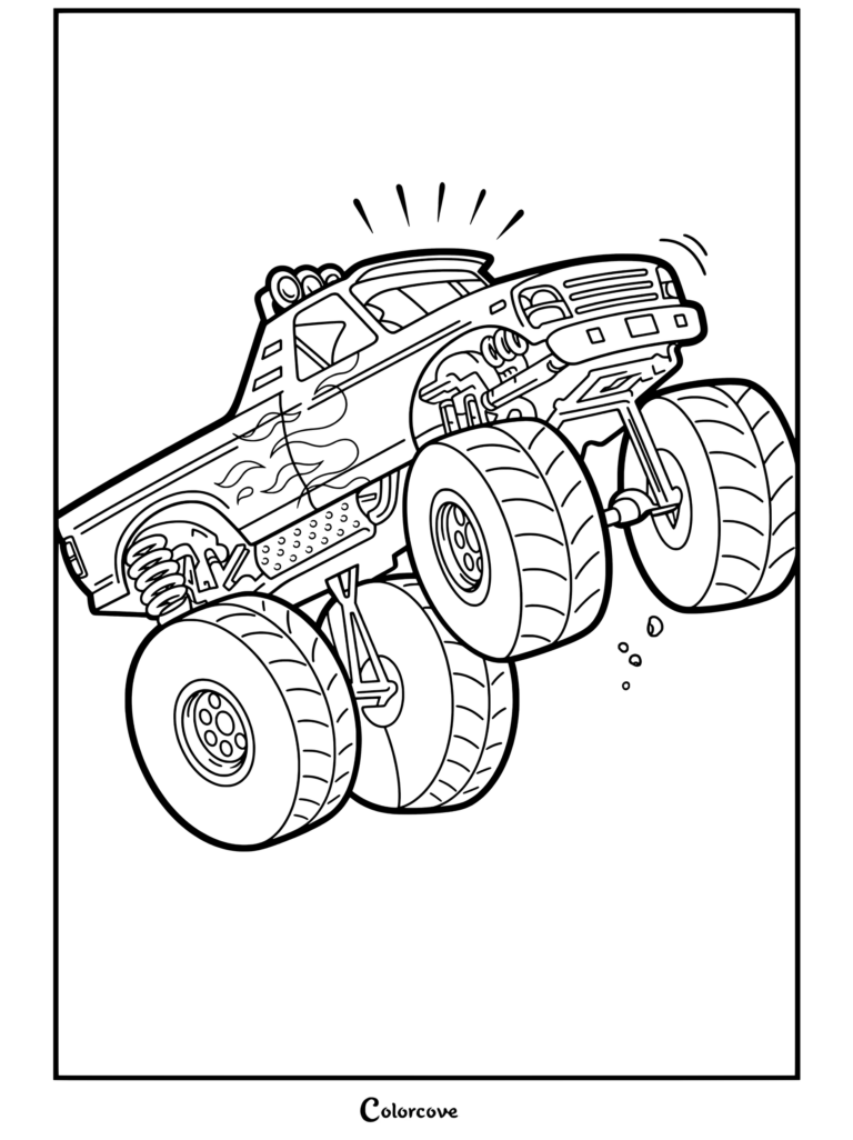 Coloriage de dessin animé d'un Monster Truck roulant sur des rochers avec une carrosserie ornée de flammes bleues et orange.