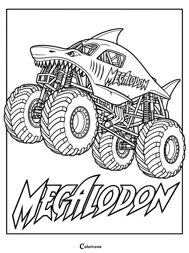 Coloriage du Monster Truck Megalodon arborant une carrosserie de requin, d'immenses pneus surdimensionnés et des suspensions.