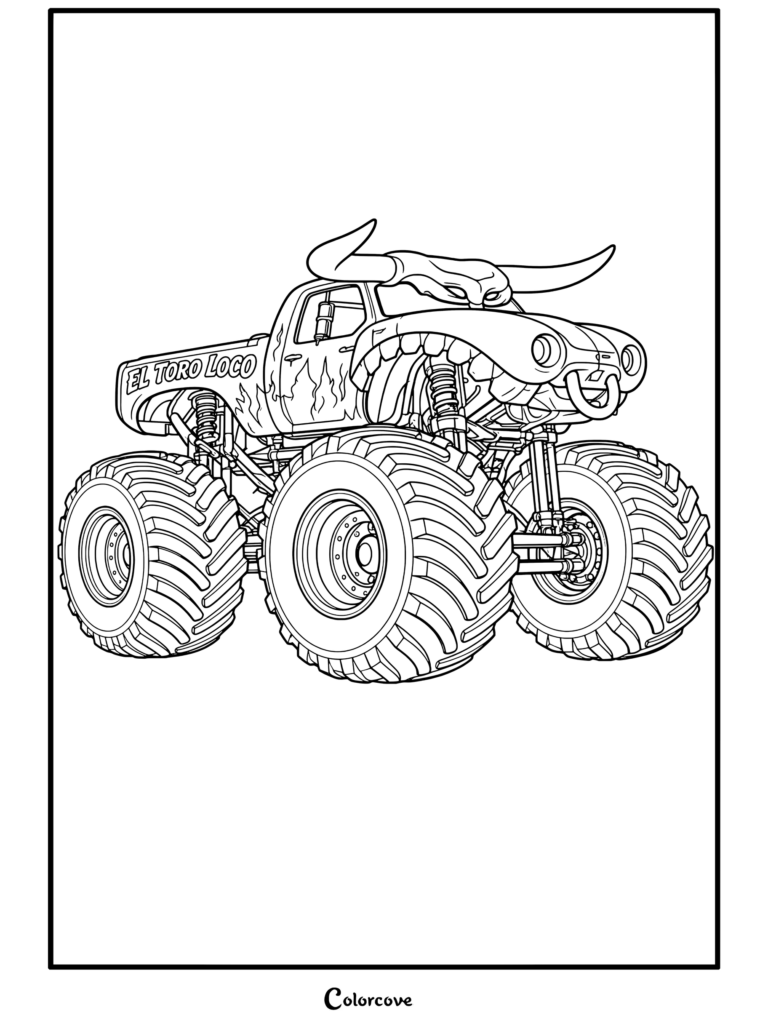 Coloriage du Monster Truck El Toro Loco orange en forme de taureau avec des cornes géantes et des pneus boueux.