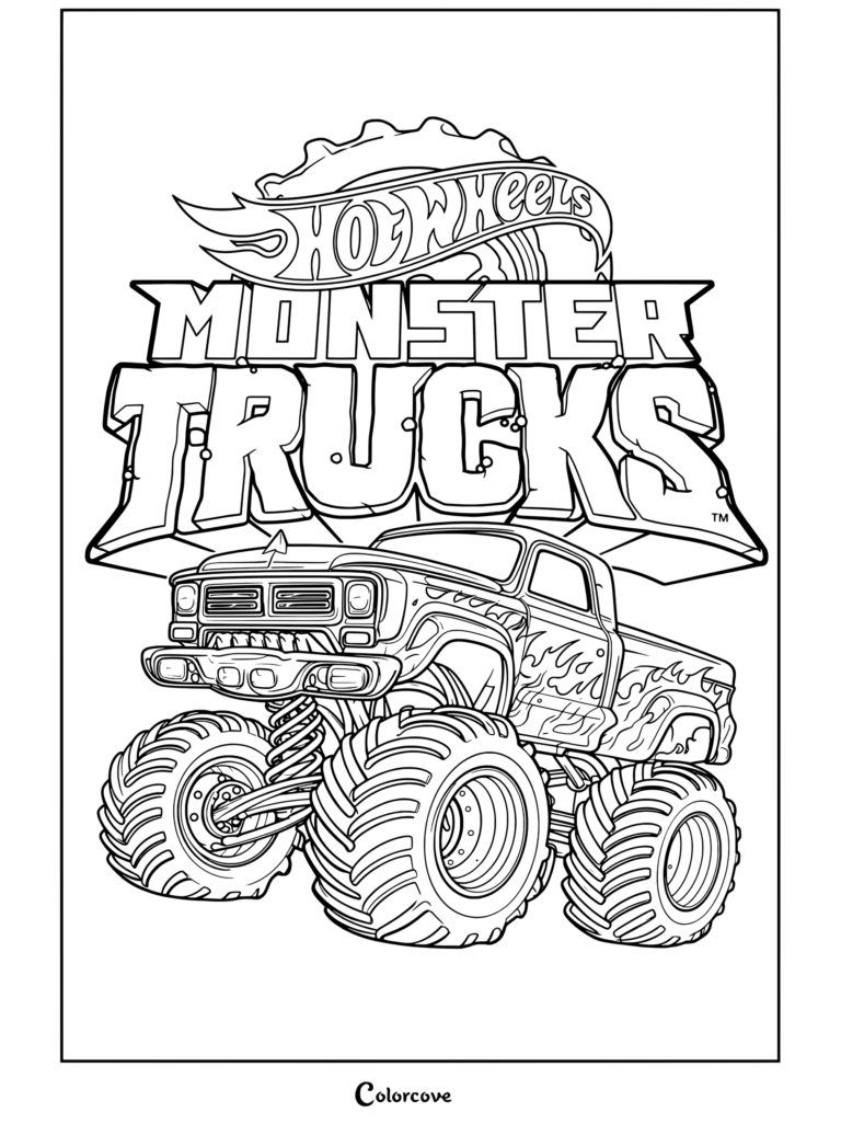 Coloriage Hot Wheels Monster Trucks avec le logo officiel et un pickup enflammé.