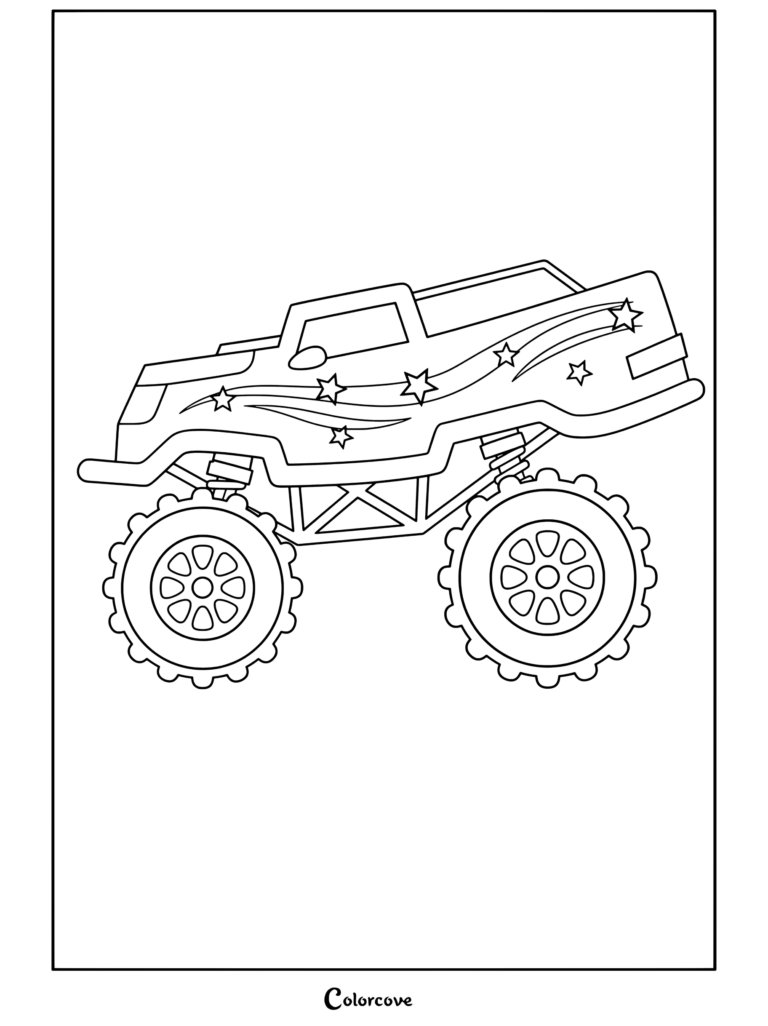 Coloriage de Monster Truck représentant un grand véhicule aux pneus surdimensionnés orné d'étoiles sur le côté.