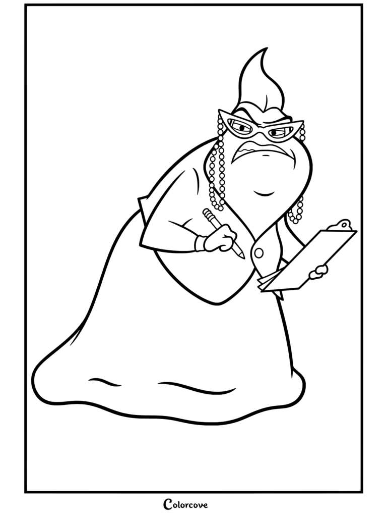 Roz escribiendo en un portapapeles en un dibujo para colorear de Monsters Inc.