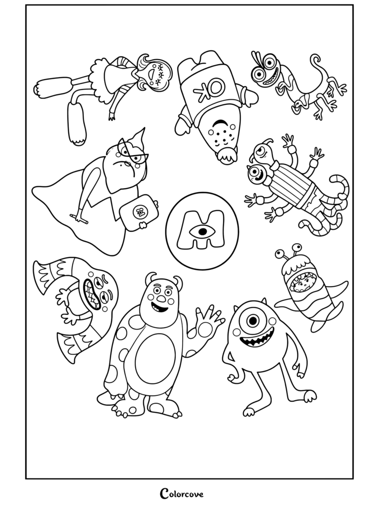 Collage de personajes de Monsters Inc con Sulley, Mike, Randall, Celia, Roz y otros dispuestos en círculo alrededor del logotipo de Monsters Inc en un dibujo para colorear.