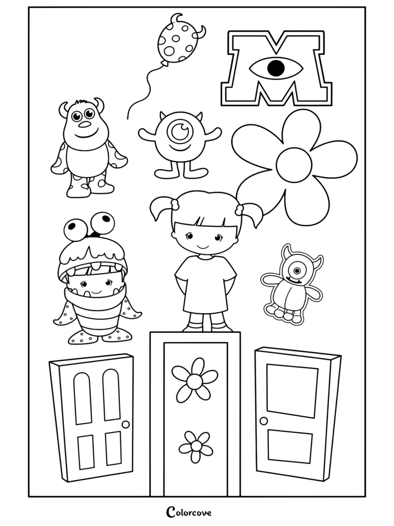 Dibujo para colorear de Monsters Inc con una colección de personajes y elementos que incluyen a Sulley, Mike, Boo disfrazada y puertas.