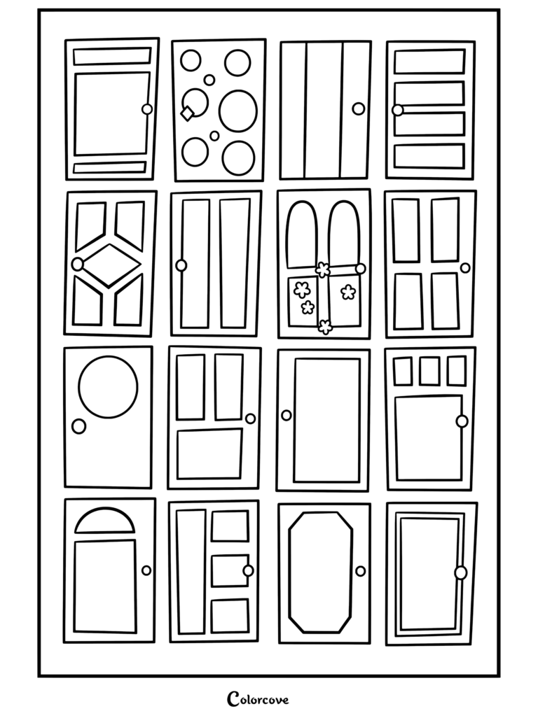 Un dibujo para colorear detallado con la colección en cuadrícula de puertas de Monsters Inc, que incluye las puertas de Sullivan, Mike y Boo en arte lineal blanco y negro.