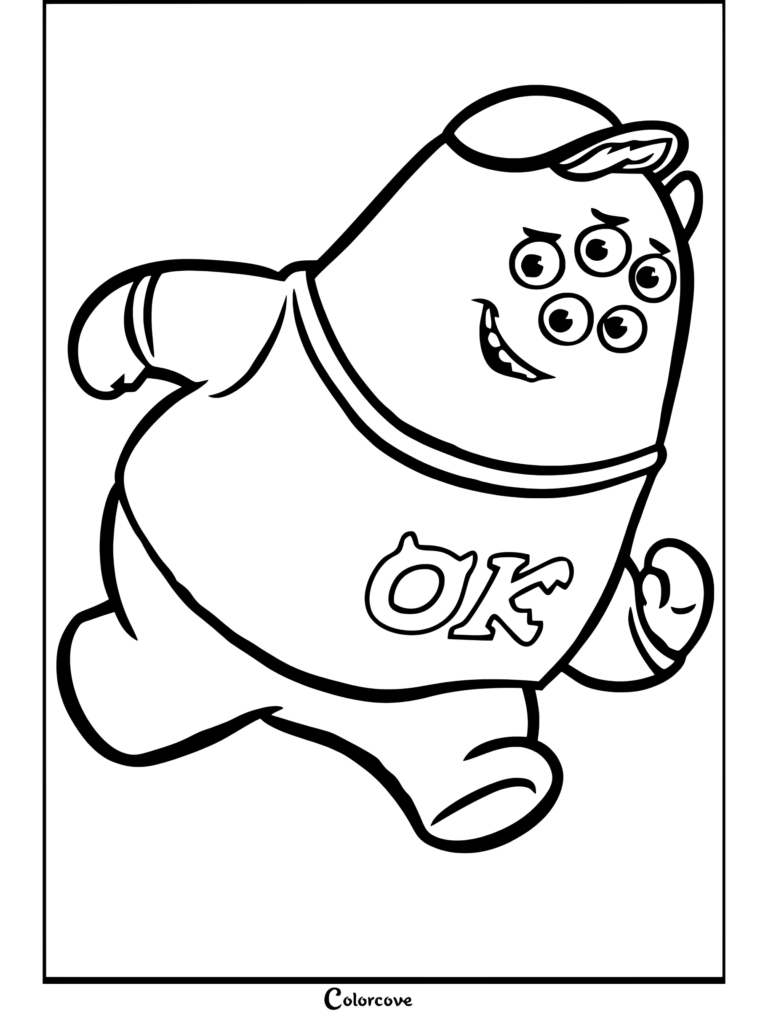 Dibujo para colorear de Monsters Inc de un estudiante monstruo de cuatro ojos que corre con entusiasmo con una camisa de OK.