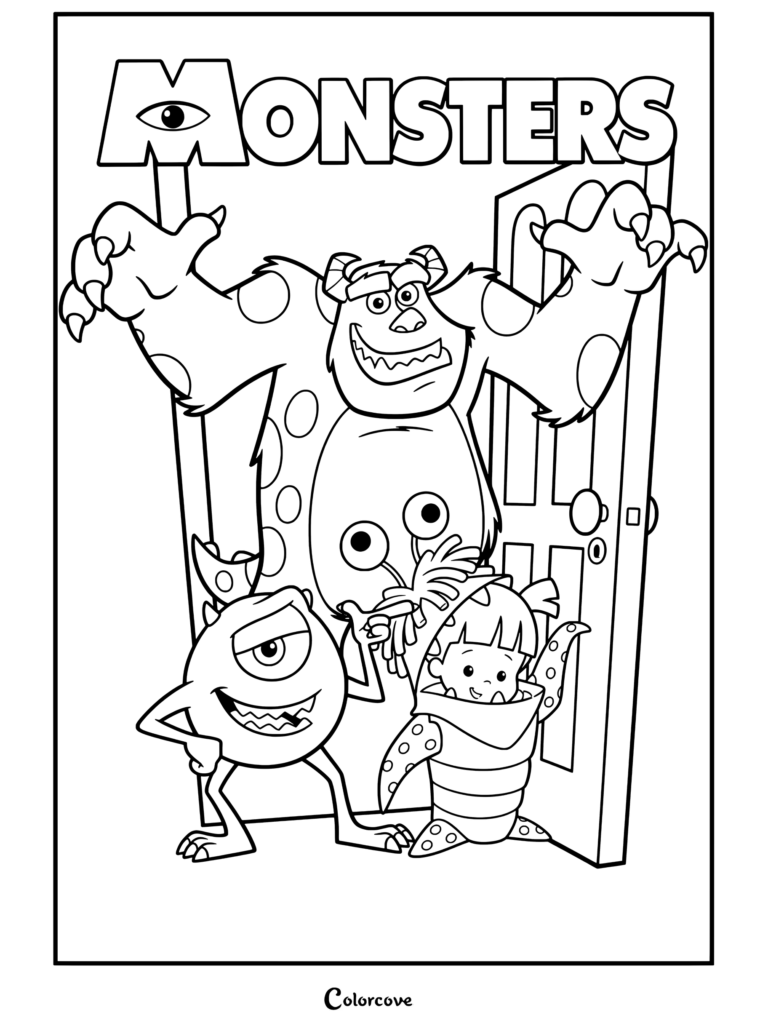 Dibujo para colorear de Monsters Inc con Sulley, Mike Wazowski y Boo asomándose a través de una puerta con el texto del logotipo.