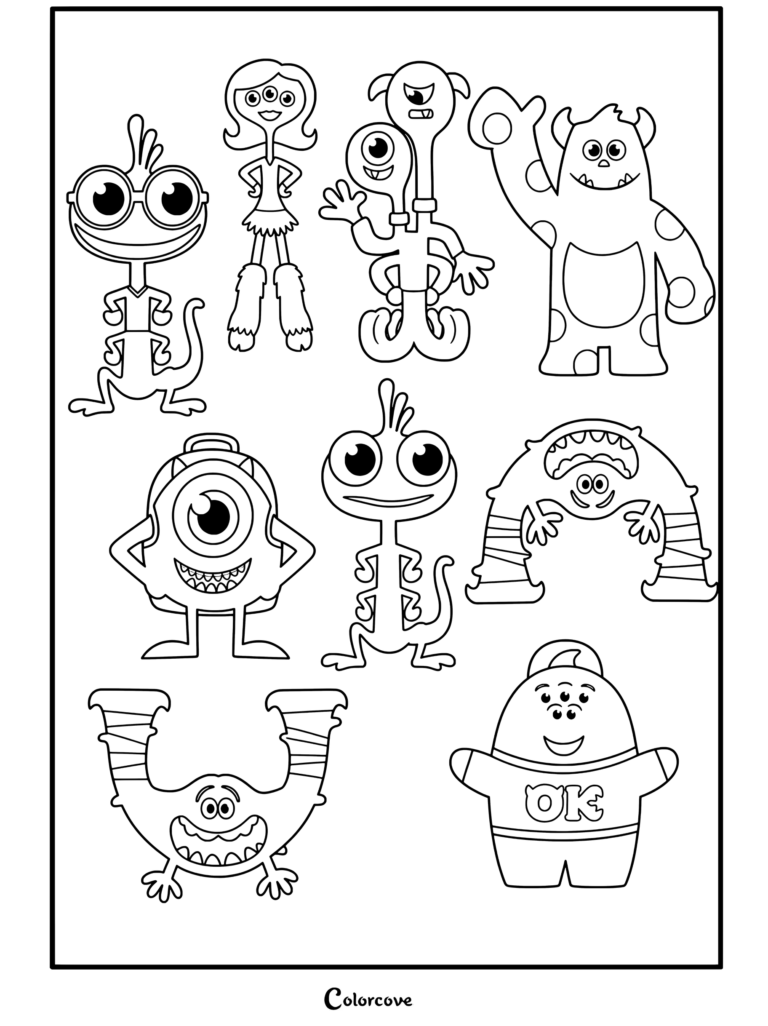 Cuadrícula de varios personajes de Monsters Inc que incluye a Mike, Sulley, Randall, Celia y otros monstruos en un dibujo para colorear.