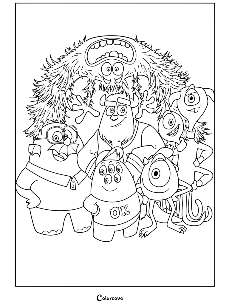 Dibujo para colorear de la foto de grupo de la fraternidad de Monsters Inc que incluye a Sulley, Mike Wazowski, Squishy, Artie, Terri y Terry, y Don Carlton.