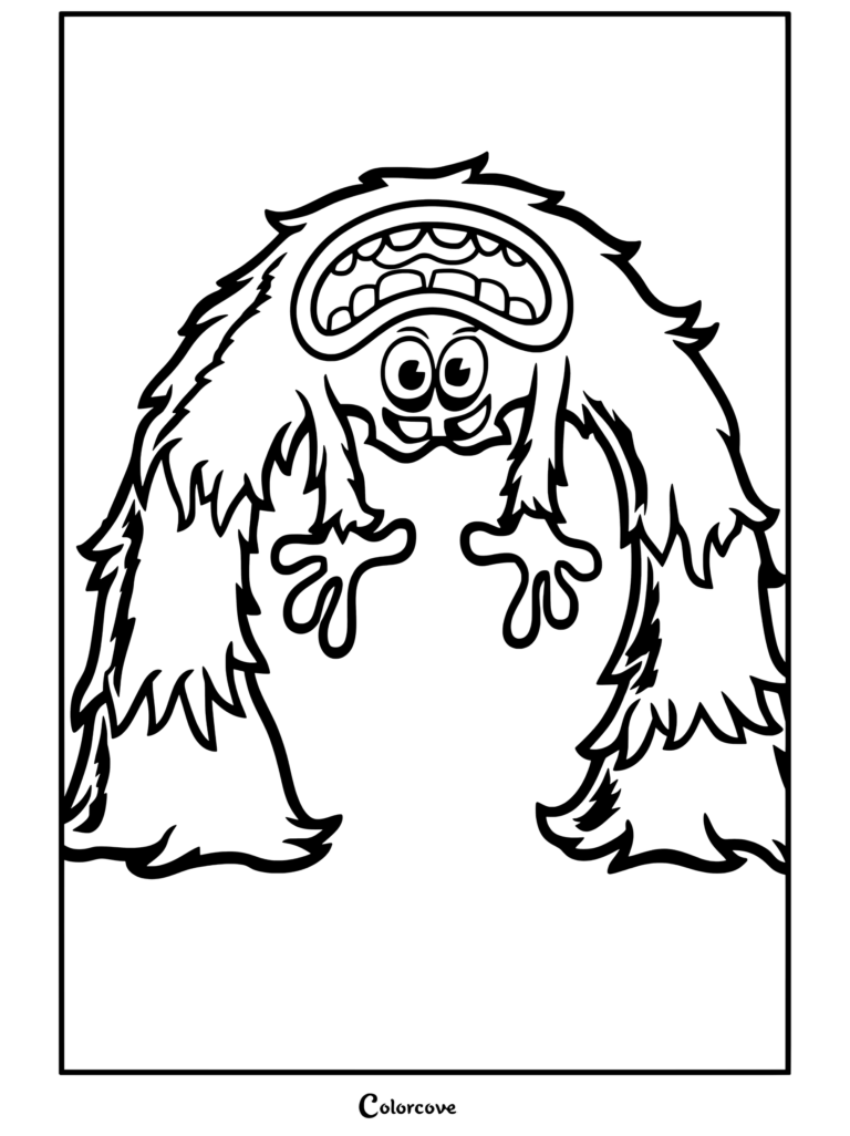 Dibujo para colorear de Monsters Inc de un monstruo peludo morado con la boca al revés, dientes grandes y brazos estirados.
