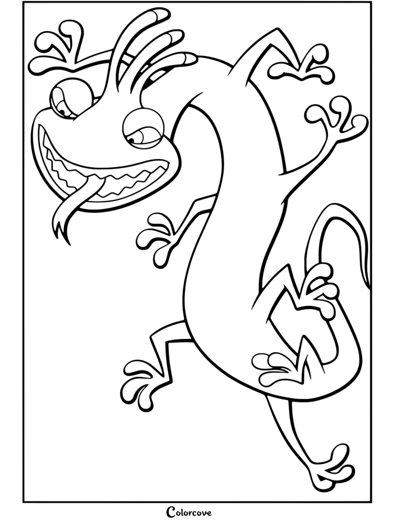 Randall Boggs sonriendo astutamente con la lengua rosa afuera en un dibujo para colorear de Monsters Inc.