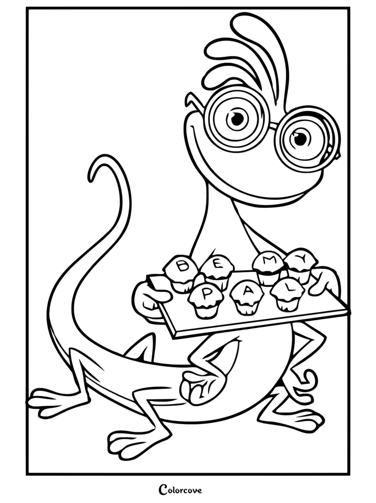Dibujo para colorear de Monsters Inc de Randall Boggs con gafas moradas sosteniendo una bandeja azul de pastelitos que forman la frase sé mi amigo.