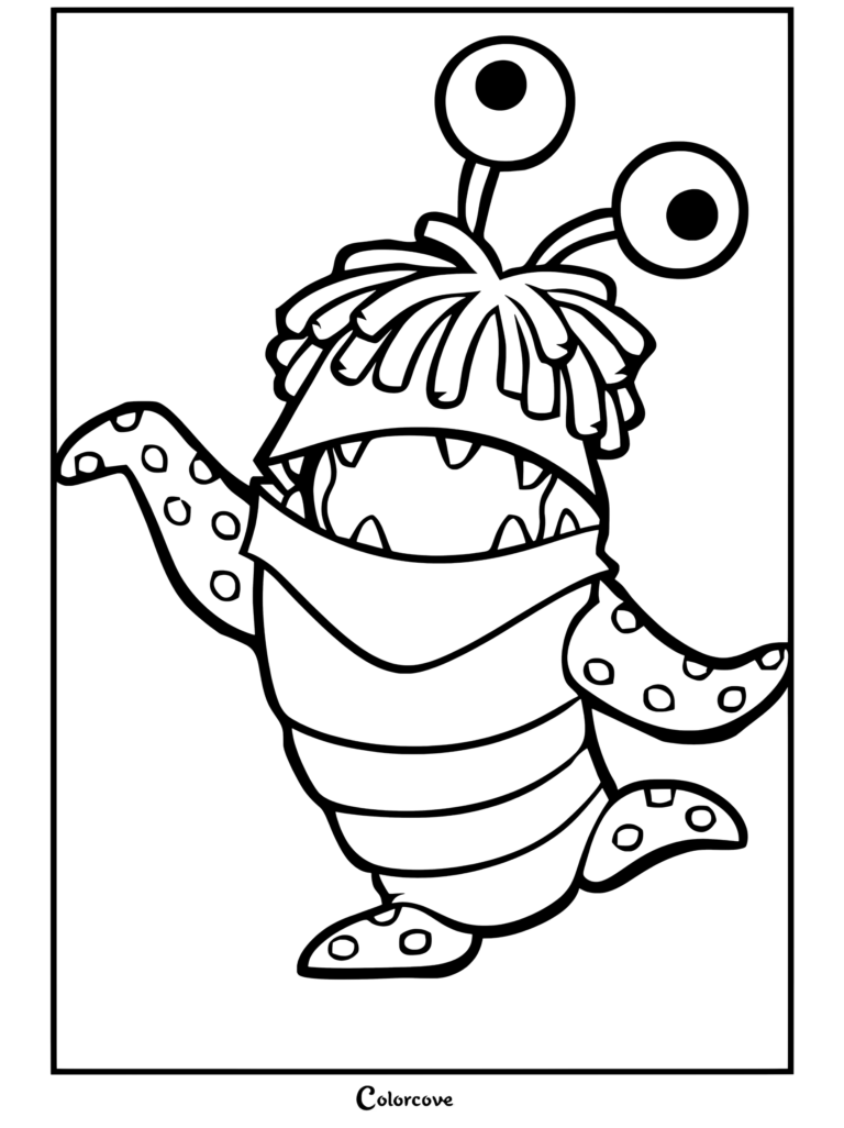 Boo con un disfraz de monstruo morado, pelo azul y peciolos oculares saludando alegremente en un dibujo para colorear para fans de Monsters Inc.