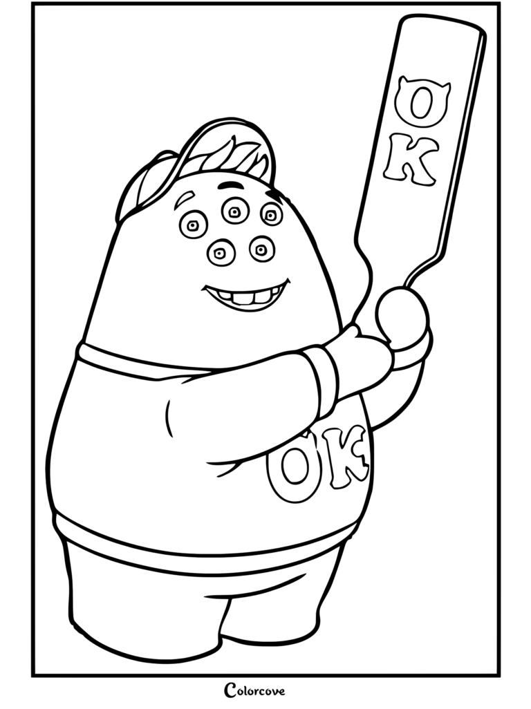 Dibujo para colorear imprimible de Scott Squishy Squibbles sosteniendo un remo de OK de Monsters Inc, relacionado con Monsters Inc.