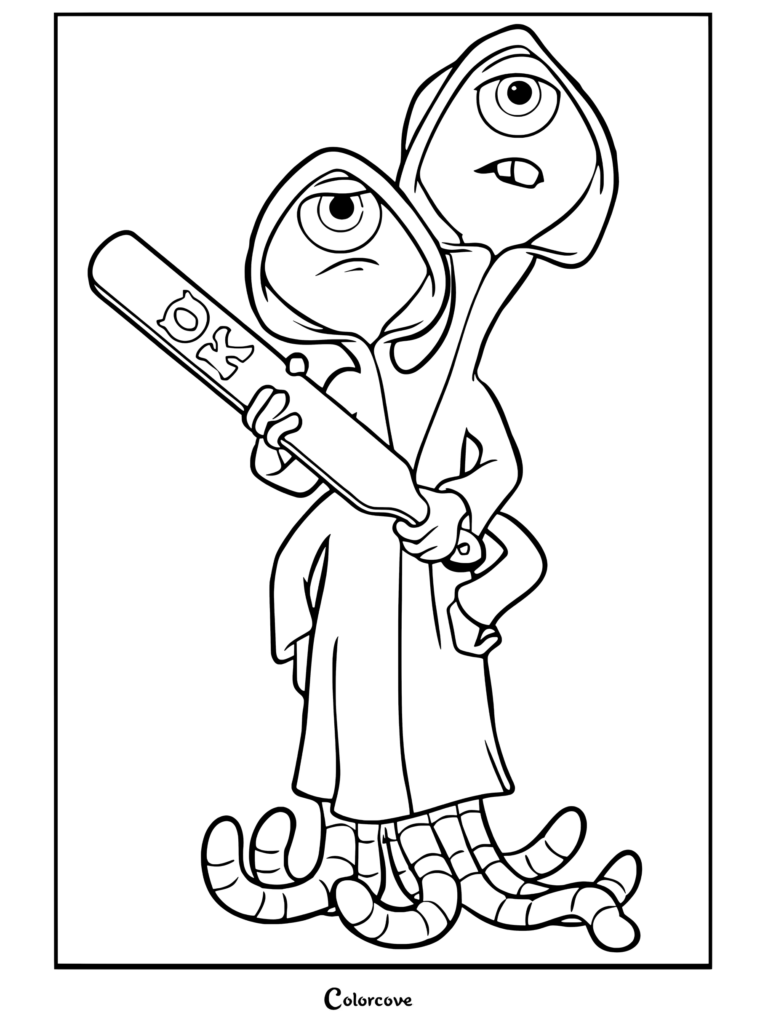 Dibujo para colorear de Monsters Inc con Squishy, y los hermanos Terri y Terry Perry sosteniendo un remo de OK.