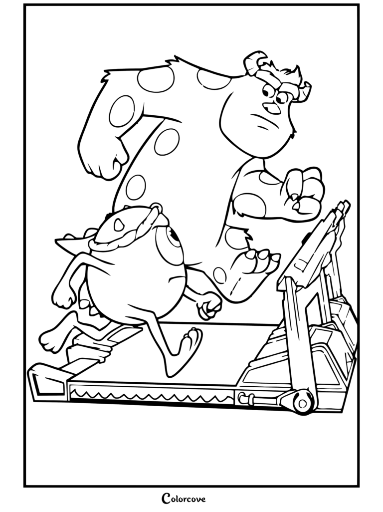 Sulley y Mike Wazowski corriendo en una caminadora entrenando en un dibujo para colorear de Monsters Inc.