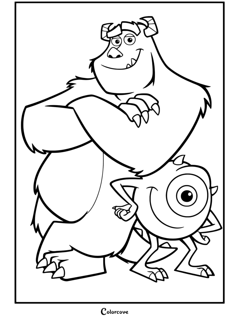 Sulley y Mike Wazowski de pie juntos sonriendo con los brazos cruzados en un dibujo para colorear de Monsters Inc.