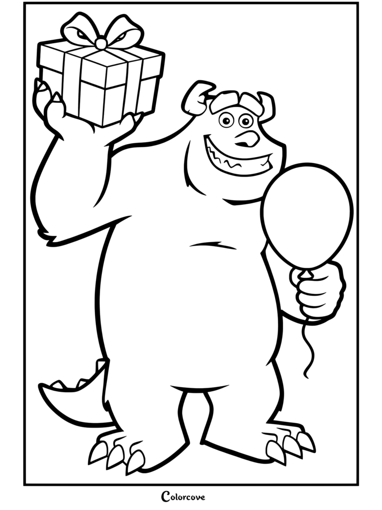 Dibujo para colorear de Sulley de Monsters Inc sosteniendo una caja de regalo envuelta y un globo rosa.