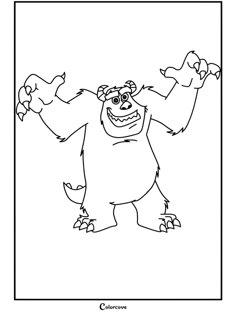Sulley (James P. Sullivan) de Monsters Inc de pie con las garras levantadas rugiendo y sonriendo con manchas moradas en su pelaje azul en un dibujo para colorear.