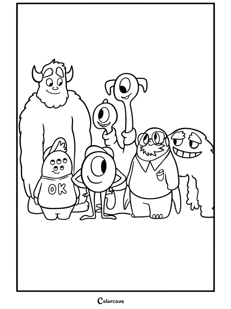 Un dibujo para colorear en blanco y negro de Monsters Inc con Sulley, Mike y los hermanos de la fraternidad Oozma Kappa de Monsters Inc.