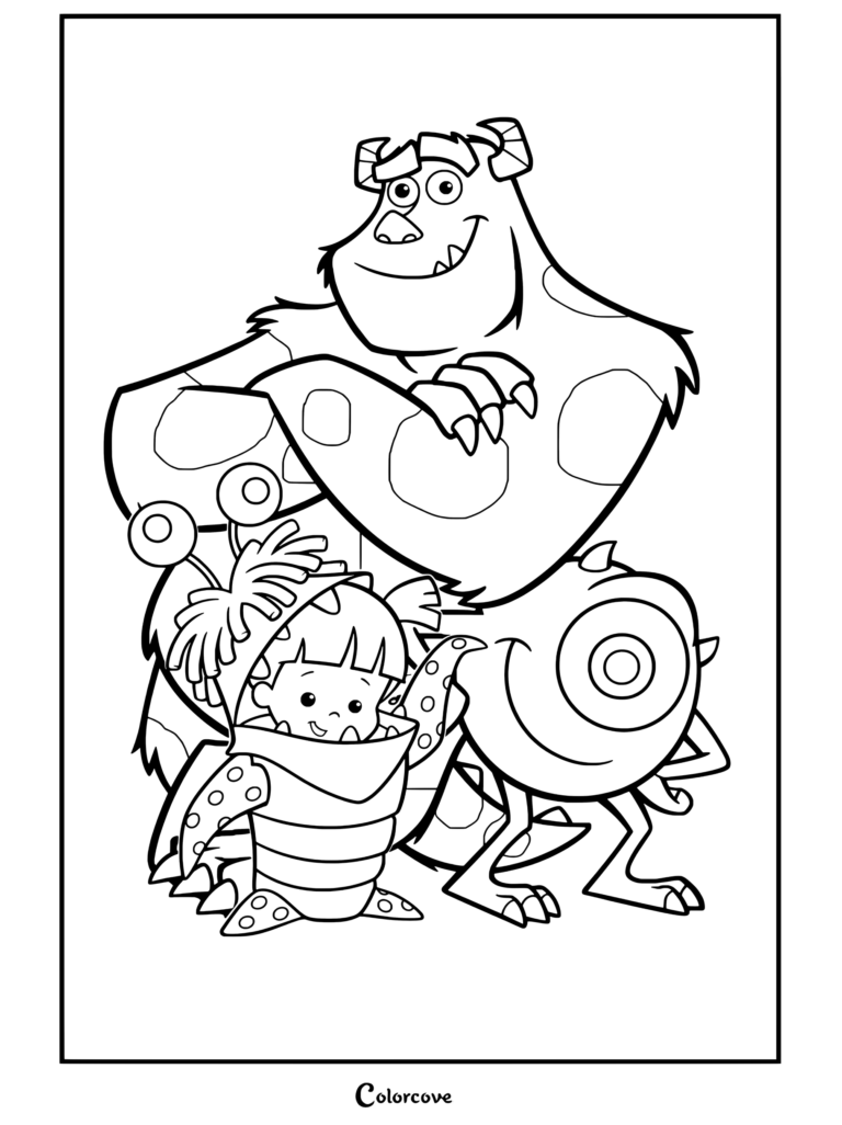 Dibujo para colorear de Monsters Inc con Sulley, Mike Wazowski y Boo disfrazados de monstruos morados.