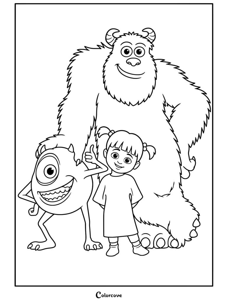 Sulley, Mike Wazowski y Boo posando juntos y sonriendo en un dibujo para colorear para fans de Monsters Inc.