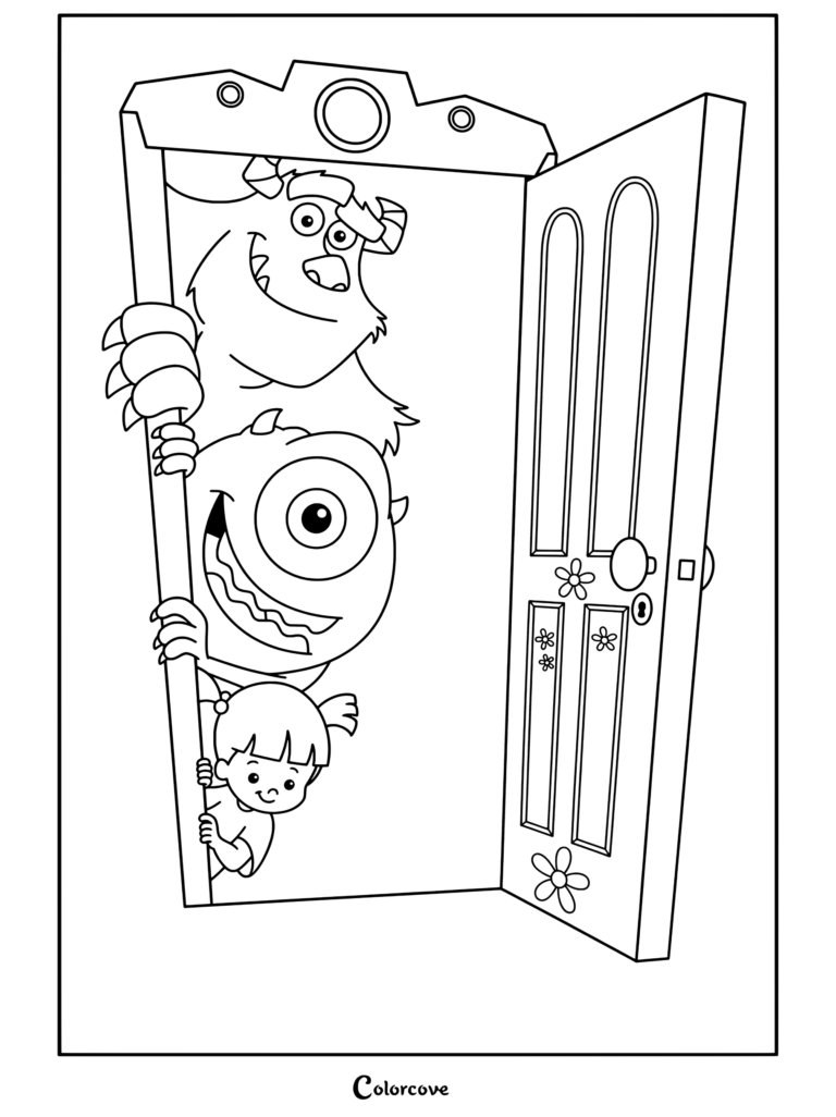 Sulley, Mike Wazowski y Boo asomándose por una puerta abierta en un dibujo para colorear de Monsters Inc.