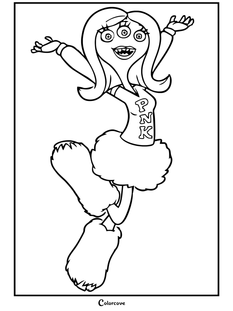 Un dibujo para colorear imprimible de Carla la Monstruo de la Hermandad de Monsters Inc bailando alegremente con un conjunto rosa.