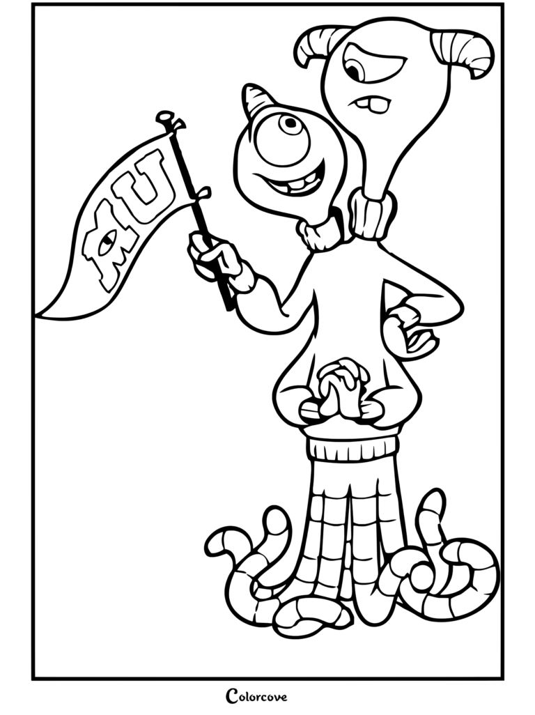 Terri y Terry Perry, el monstruo de dos cabezas sosteniendo una bandera de MU en un dibujo para colorear de Monsters Inc.