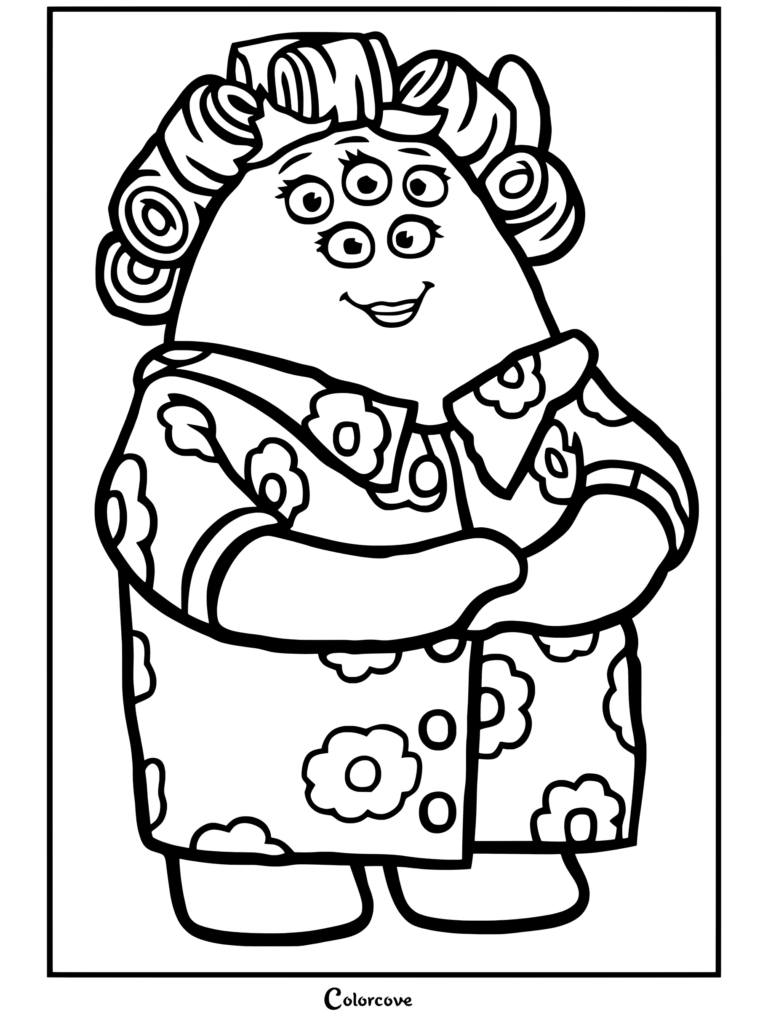 Dibujo para colorear de Monsters Inc de la madre de Celia Mae, Roz, vistiendo una bata azul con estampado floral y rulos en el pelo.