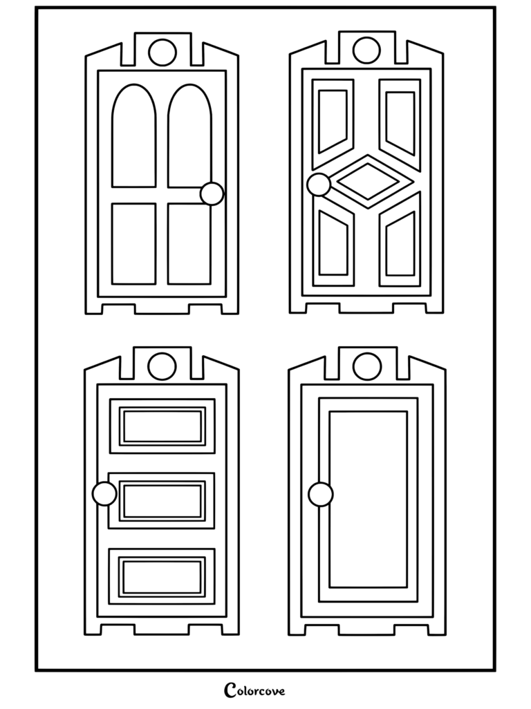 Dibujo para colorear de cuatro puertas coloridas de Monsters Inc, que incluyen puertas rosa, morada, azul y amarilla.