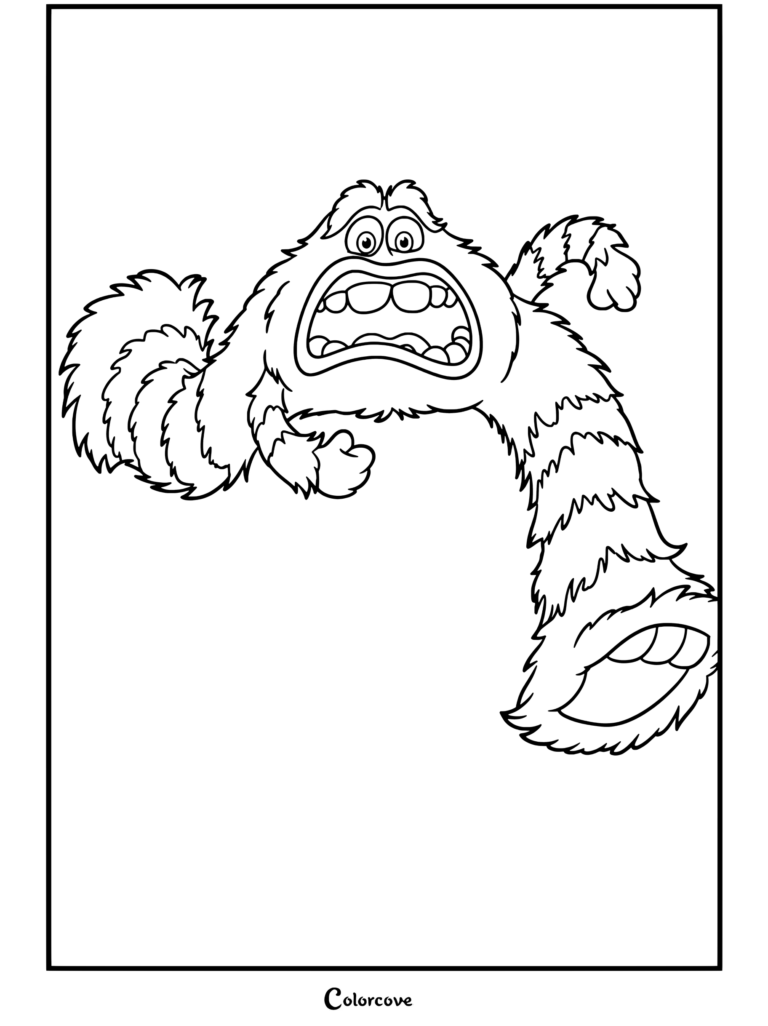 Dibujo para colorear de Monsters Inc de Fungus corriendo aterrorizado con una expresión de susto.