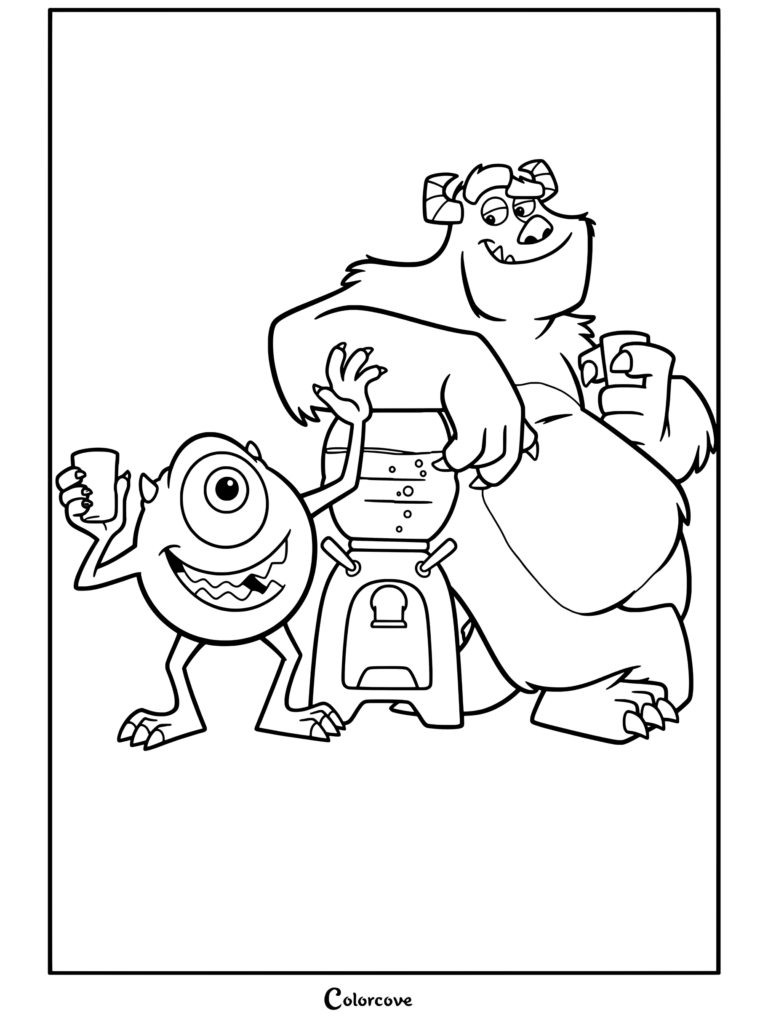 Mike Wazowski y Sulley bebiendo agua cerca del bebedero en Monsters Inc en un dibujo para colorear para niños.