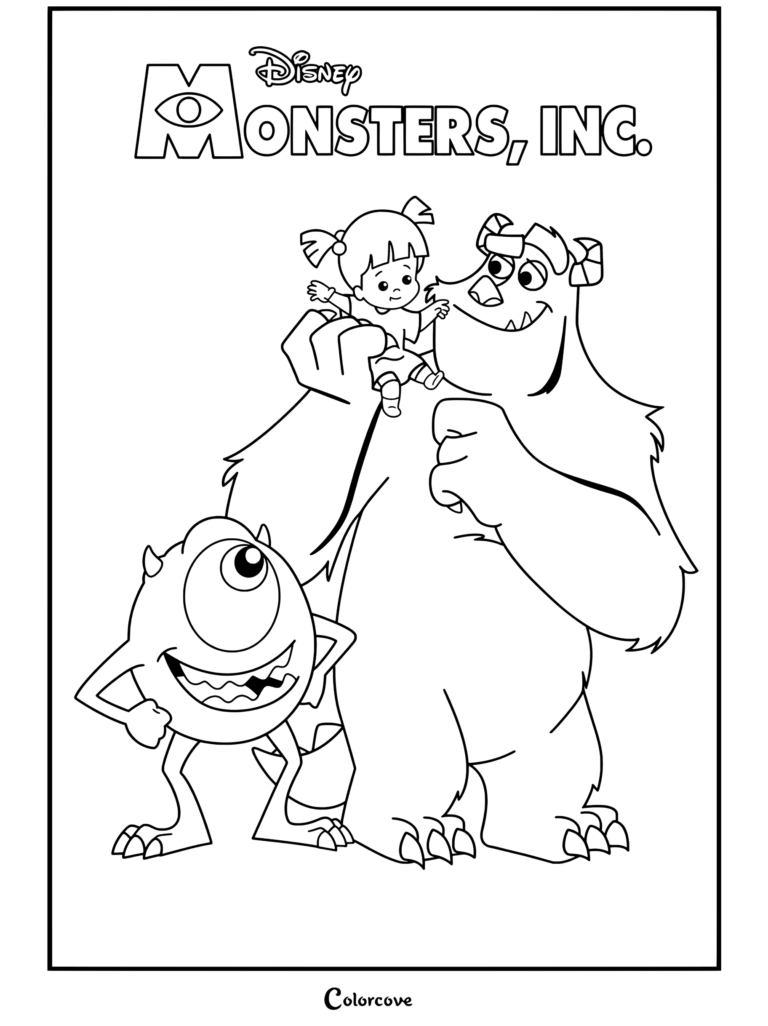 Mike Wazowski y Sulley sosteniendo a Boo bajo el logotipo de Monsters Inc en un dibujo para colorear.