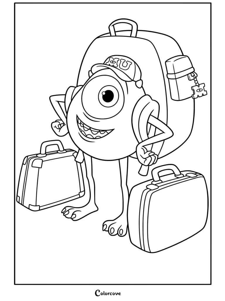 Mike Wazowski con gorra de MU y mochila listo para viajar con dos maletas en un dibujo para colorear de Monsters Inc.
