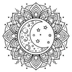 a black and white drawing of a moon and stars