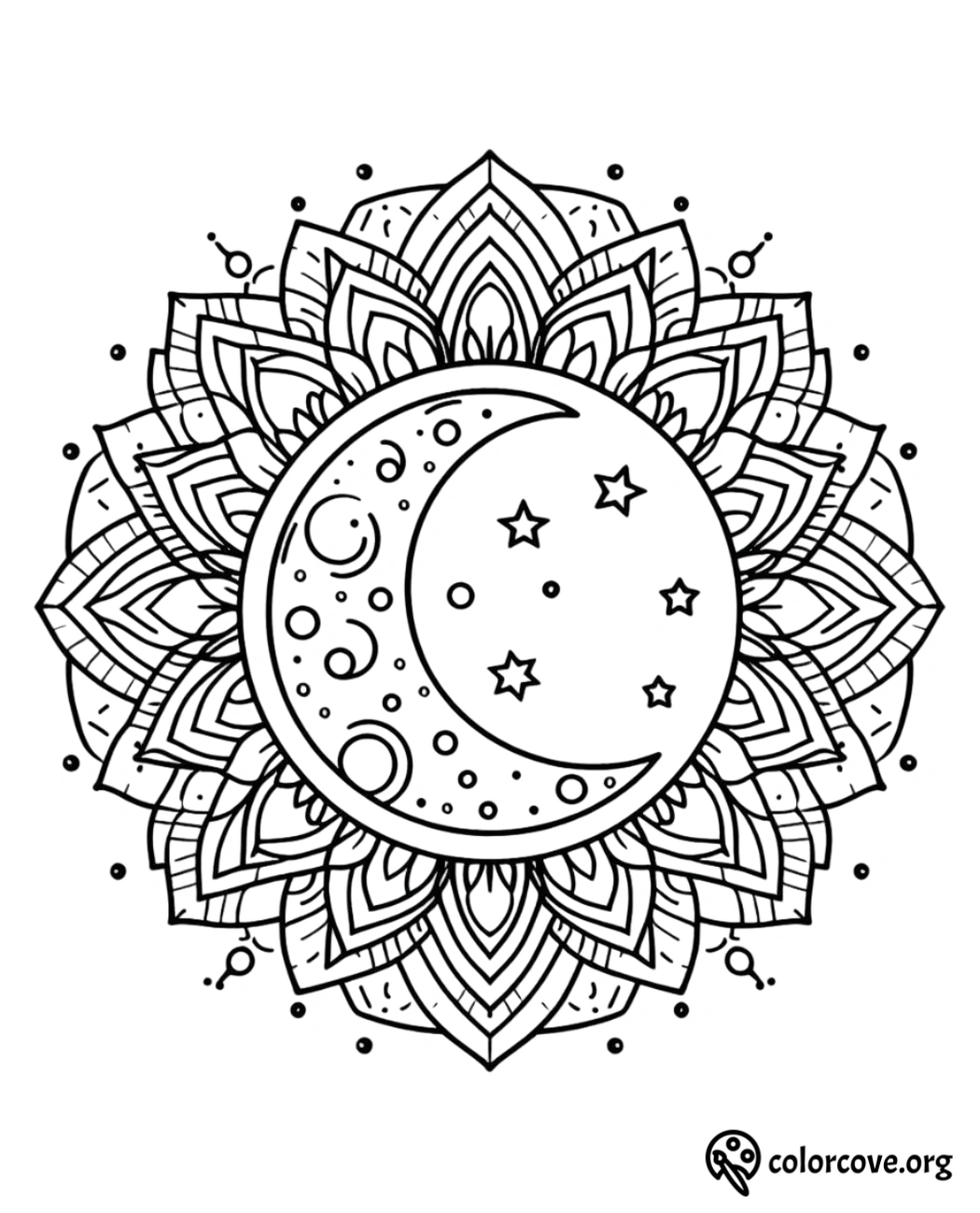 a black and white drawing of a moon and stars