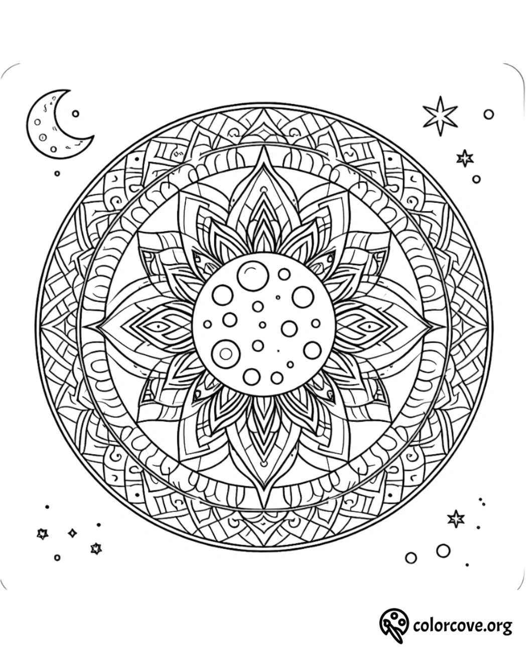 a black and white mandala with a moon and stars