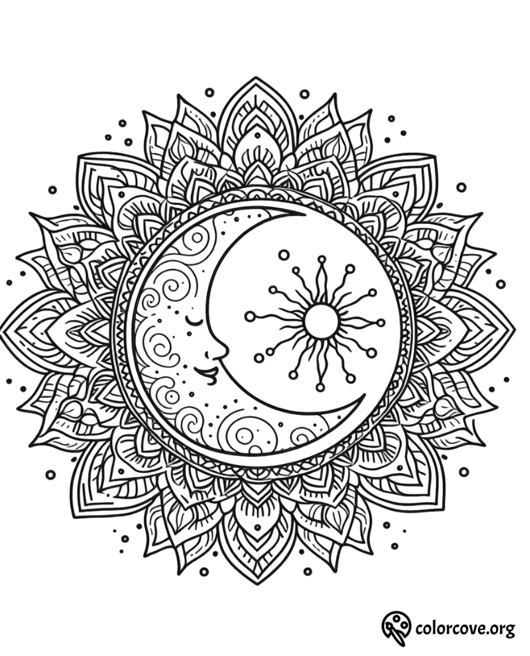 a black and white drawing of a moon and sun