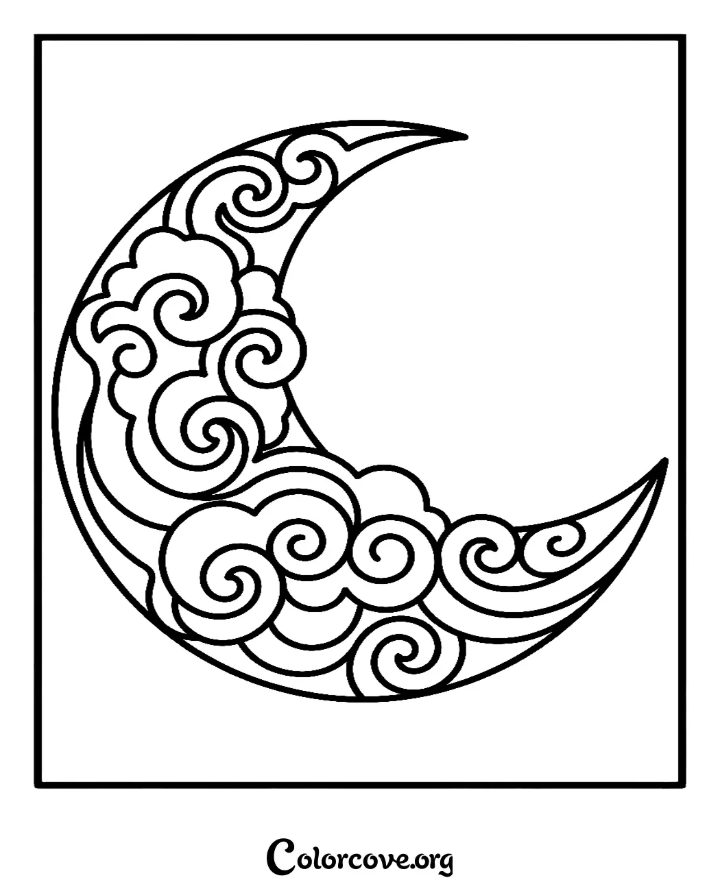A beautiful crescent moon mandala coloring page featuring intricate swirls and cloud-like patterns for relaxing art therapy.