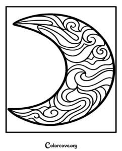 Intricate crescent moon mandala coloring page featuring swirling cloud patterns and abstract line art for adults and kids.