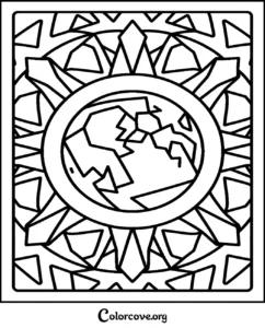 A beautiful geometric moon mandala coloring page featuring a stylized celestial design surrounded by intricate patterns, perfect for adults and kids.