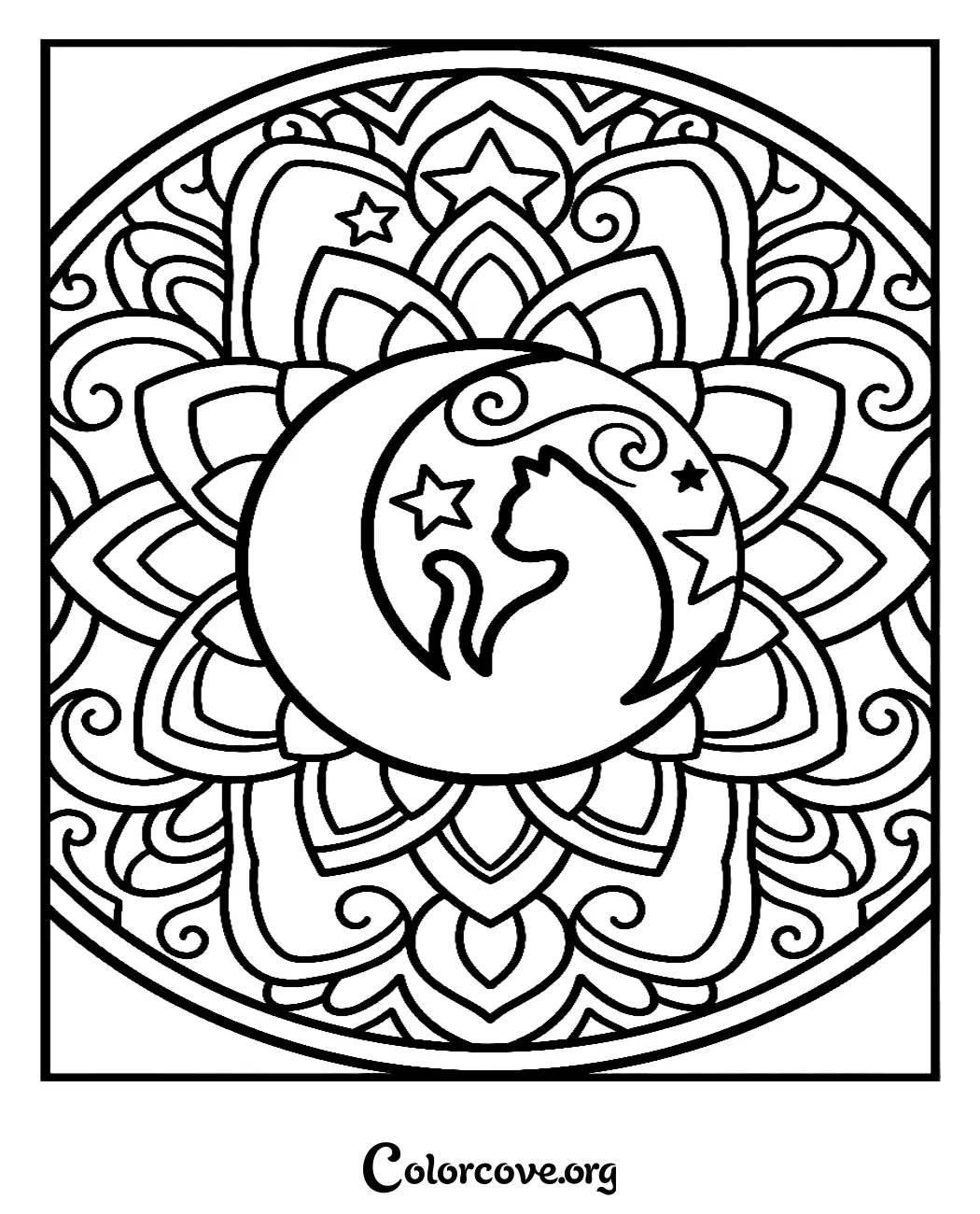 A beautiful cat sitting inside a moon mandala coloring page with intricate patterns, stars, and swirls for relaxation.
