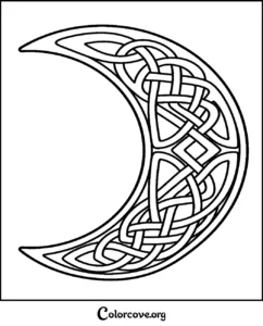 A beautiful Celtic moon mandala coloring page with intricate knotwork patterns inside a crescent moon shape for adults and children.