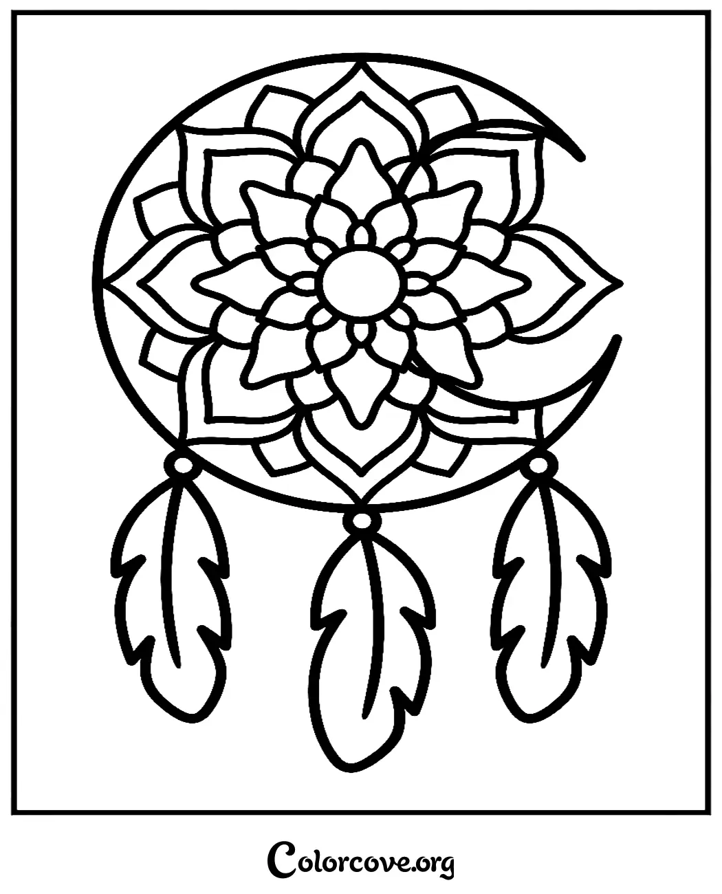 A beautiful moon mandala dreamcatcher coloring page with intricate flower petals and dangling feathers, perfect for relaxation and mindfulness.